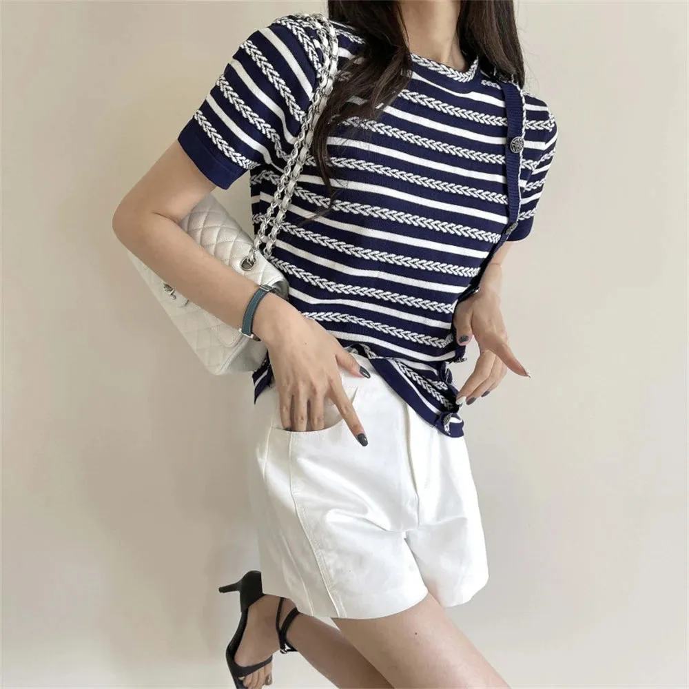 Girlary Summer Retro T-Shirts Sweaters Women Knitwear Office Wear Stripes Hot Stylish Chic Work Wear Short Sleeves Jumpers