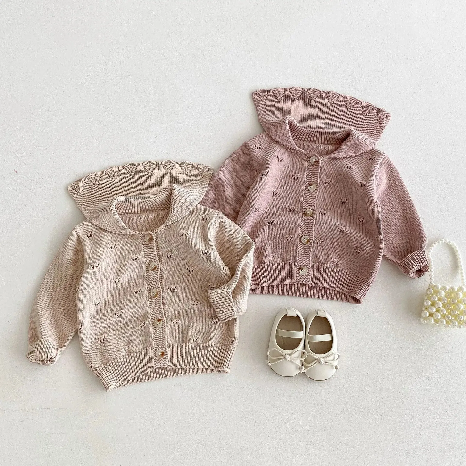 Girls Lapel Hollow Out Knitwear