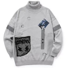 Gray Patchwork Ripped Turtleneck Sweater