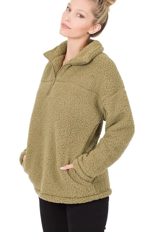 Half Zip Sherpa Pullover with Pockets