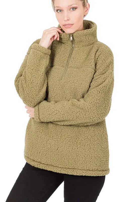 Half Zip Sherpa Pullover with Pockets