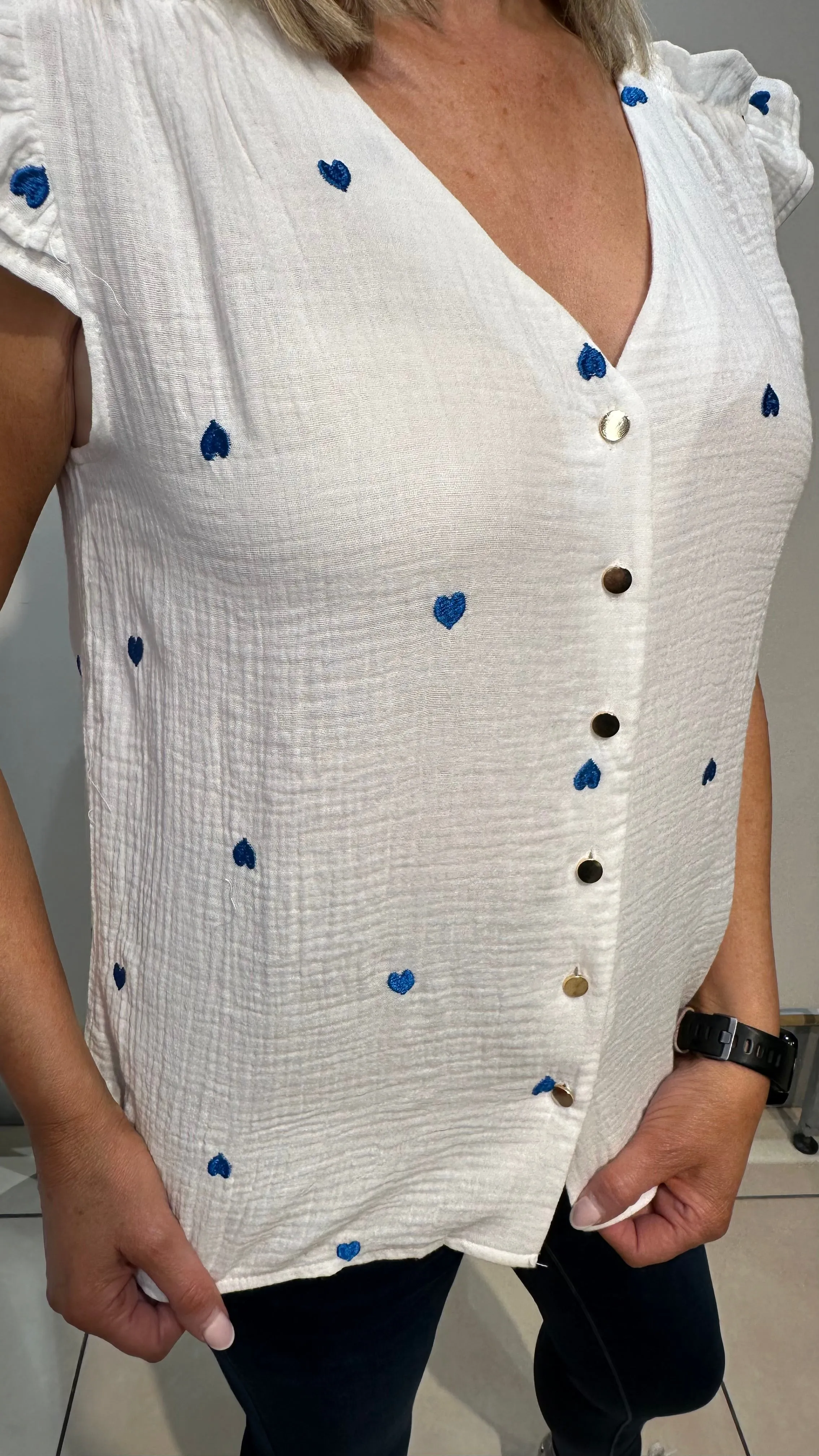 Harper - White/Blue Heart Detail V Neck Top