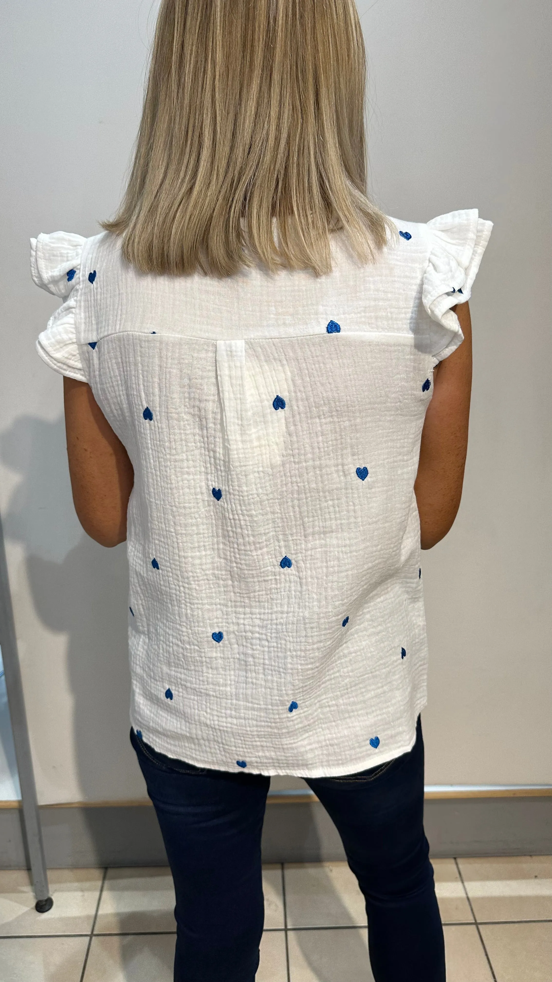 Harper - White/Blue Heart Detail V Neck Top