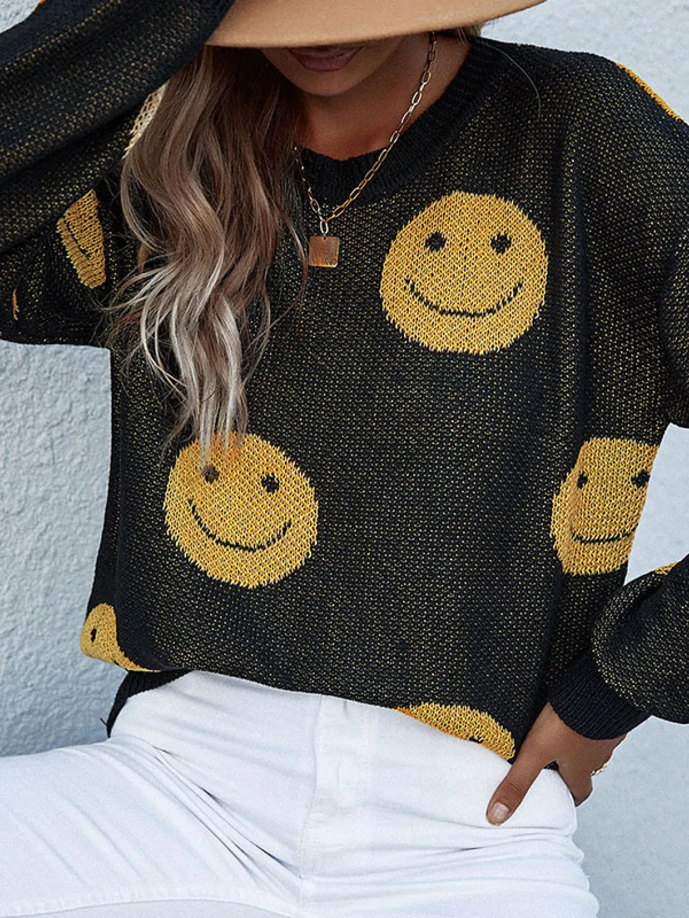 Have A Nice Day Smiley Face Black and Yellow Knit Sweater