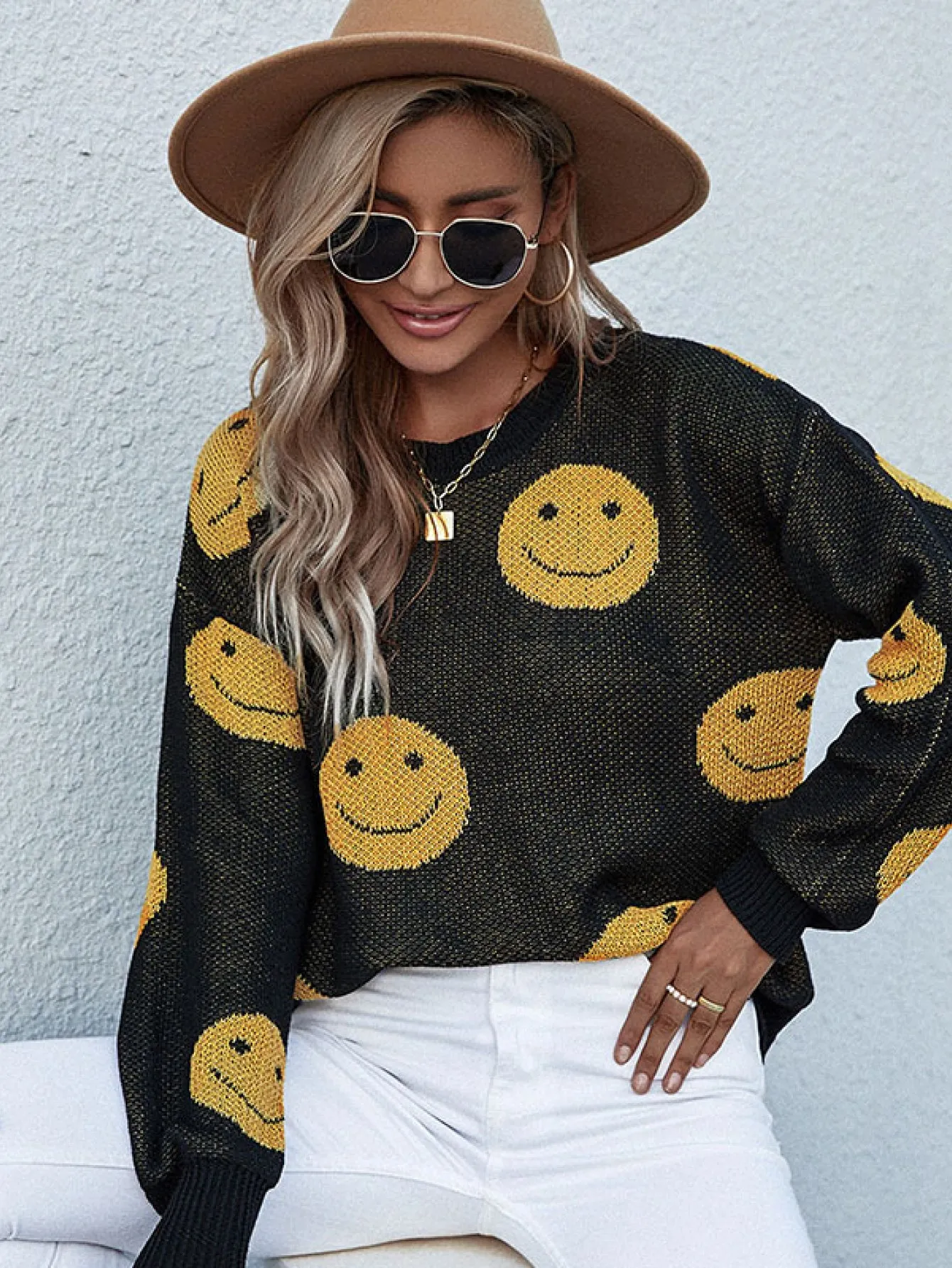 Have A Nice Day Smiley Face Black and Yellow Knit Sweater