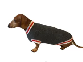 Knitted warm dachshund sweater, gray dog sweater with stripes