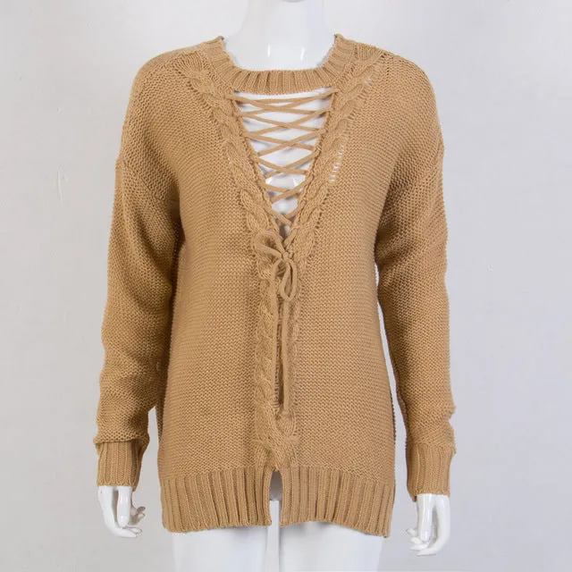 Lace up back knitted sweater top