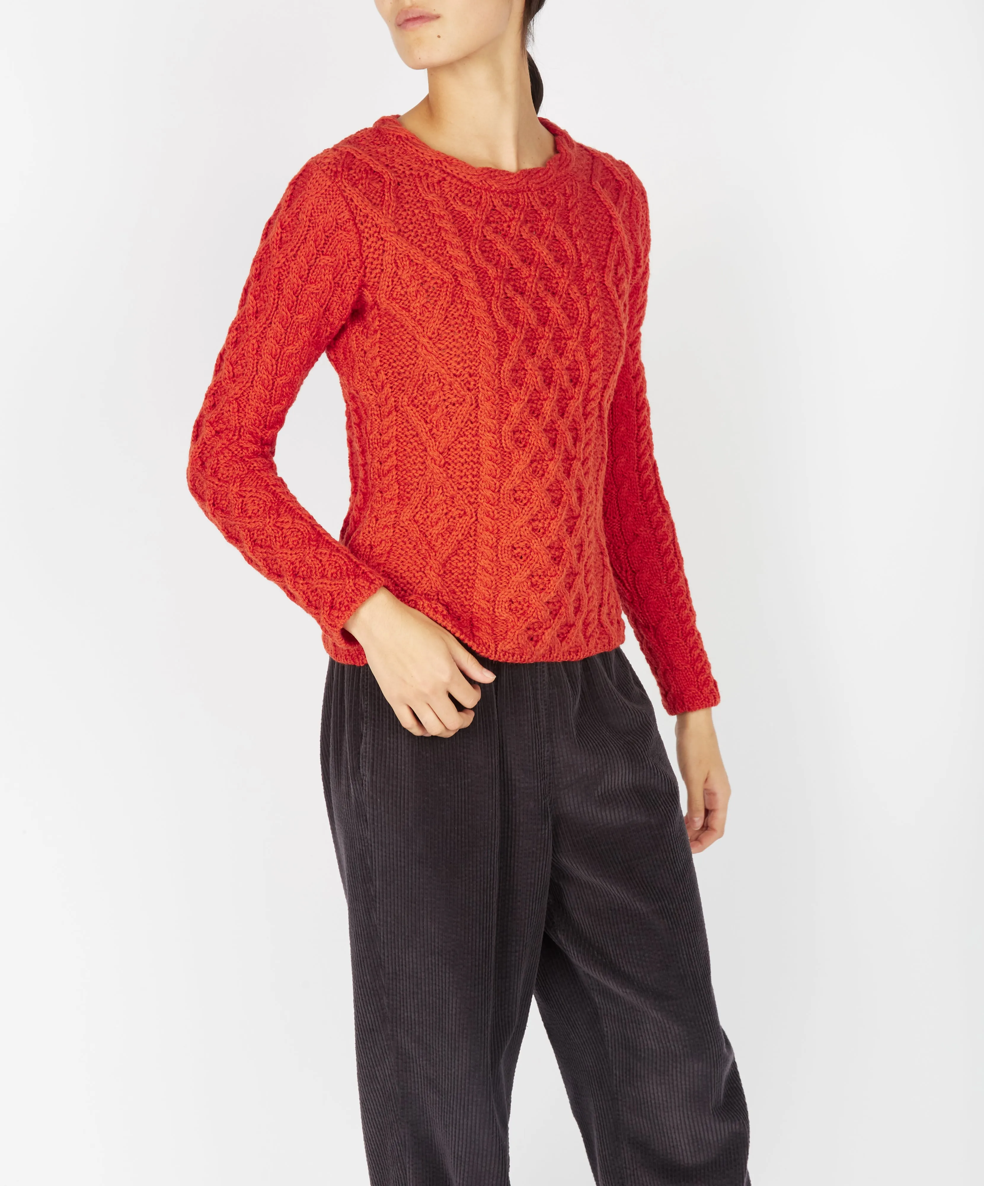 Lambay Lattice Cable Aran Sweater Orange Marl