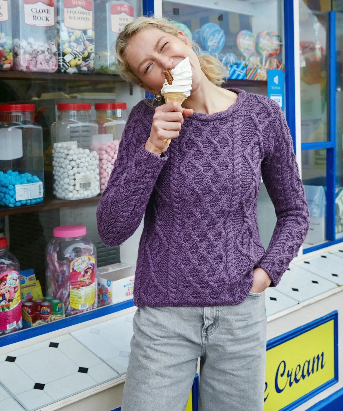 Lambay Lattice Cable Aran Sweater Warm Lavender