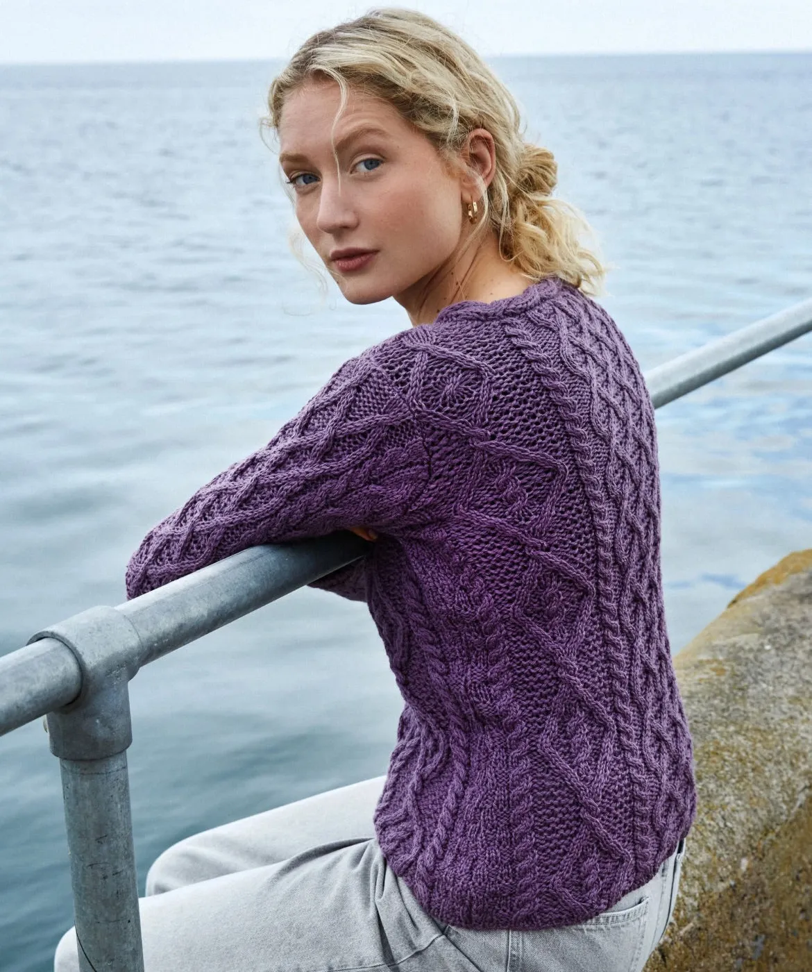 Lambay Lattice Cable Aran Sweater Warm Lavender