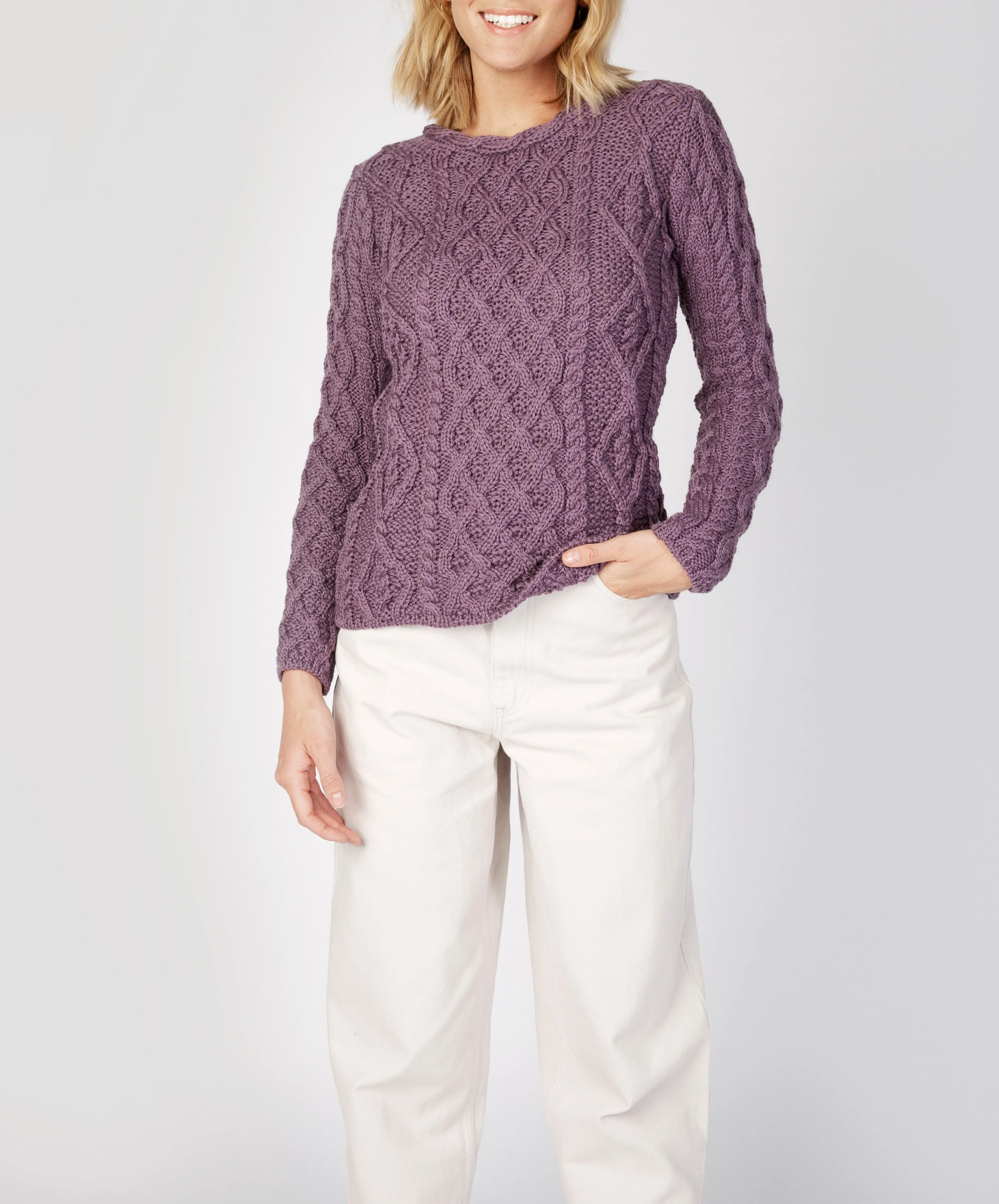 Lambay Lattice Cable Aran Sweater Warm Lavender