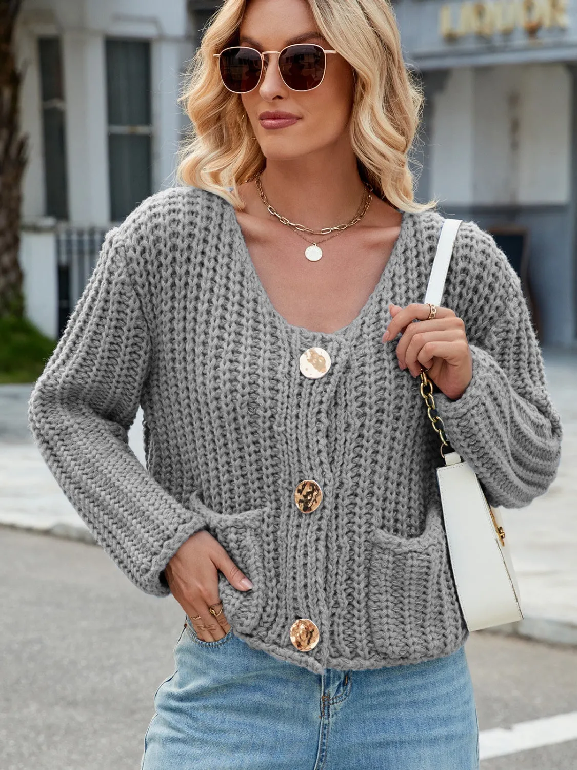 Light Blue Crochet Sweater Women's Fashion Round Neck Button Up Cardigan with Pockets