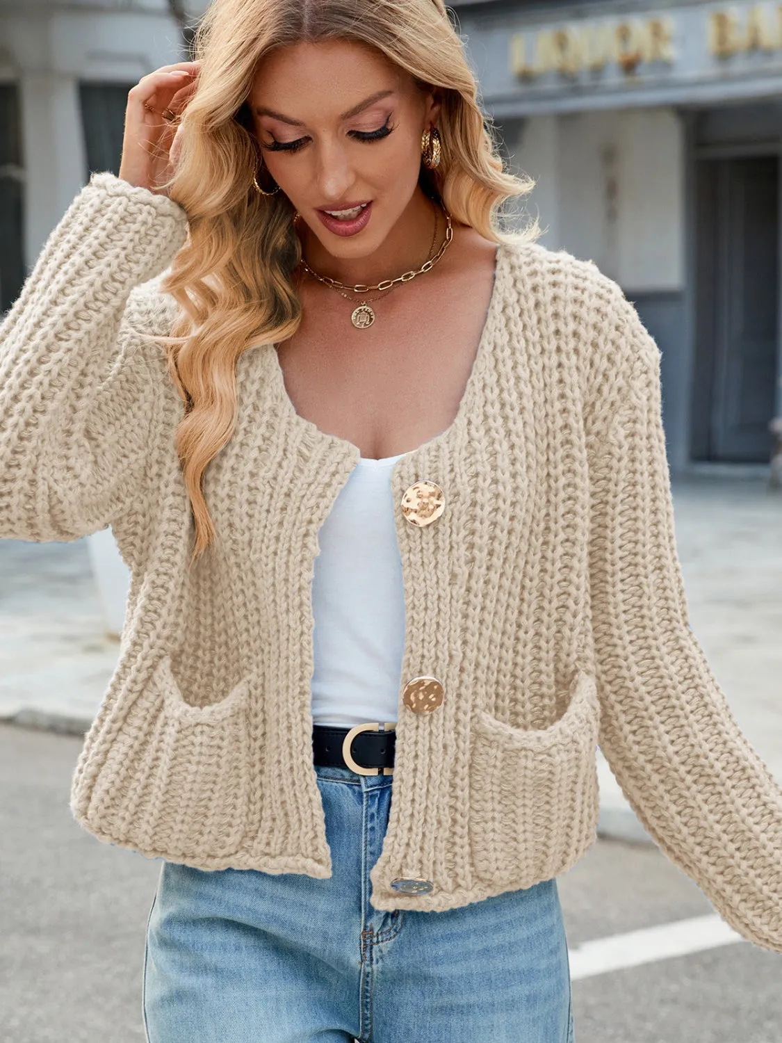 Light Blue Crochet Sweater Women's Fashion Round Neck Button Up Cardigan with Pockets