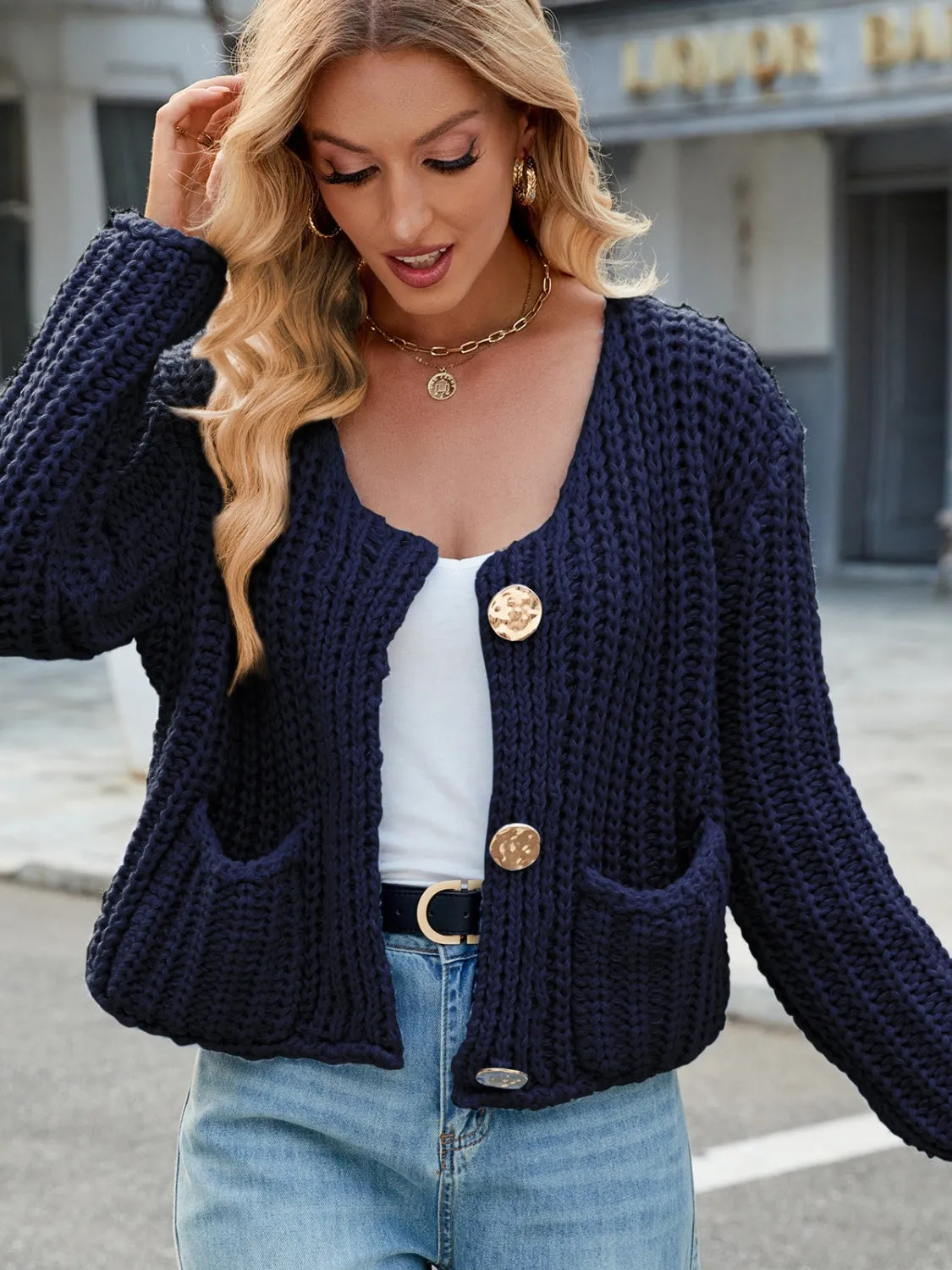 Light Blue Crochet Sweater Women's Fashion Round Neck Button Up Cardigan with Pockets