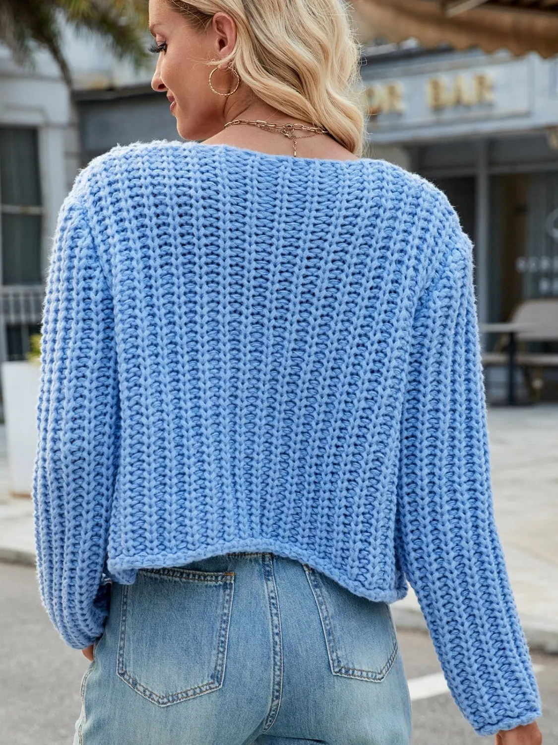 Light Blue Crochet Sweater Women's Fashion Round Neck Button Up Cardigan with Pockets