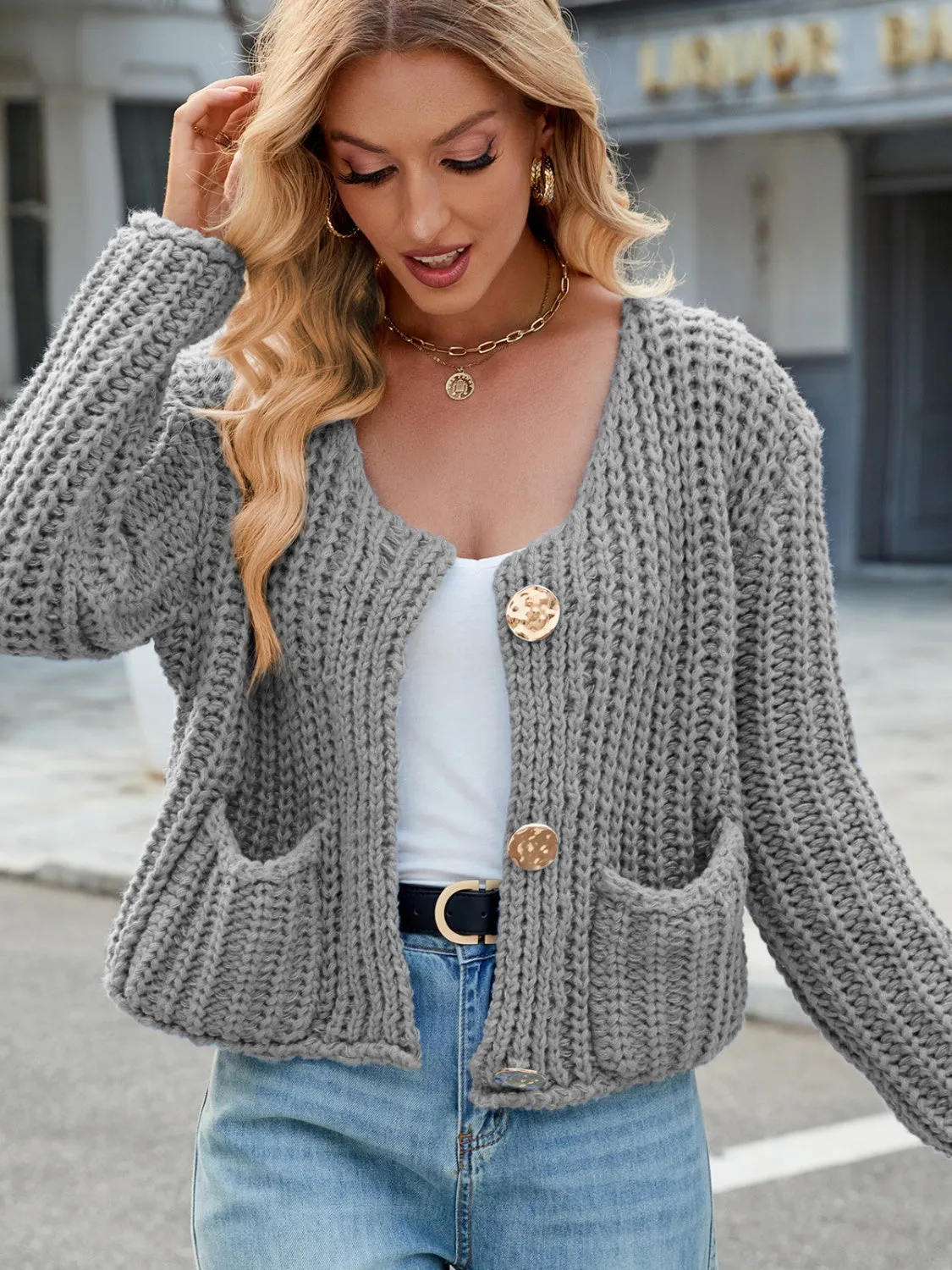 Light Blue Crochet Sweater Women's Fashion Round Neck Button Up Cardigan with Pockets