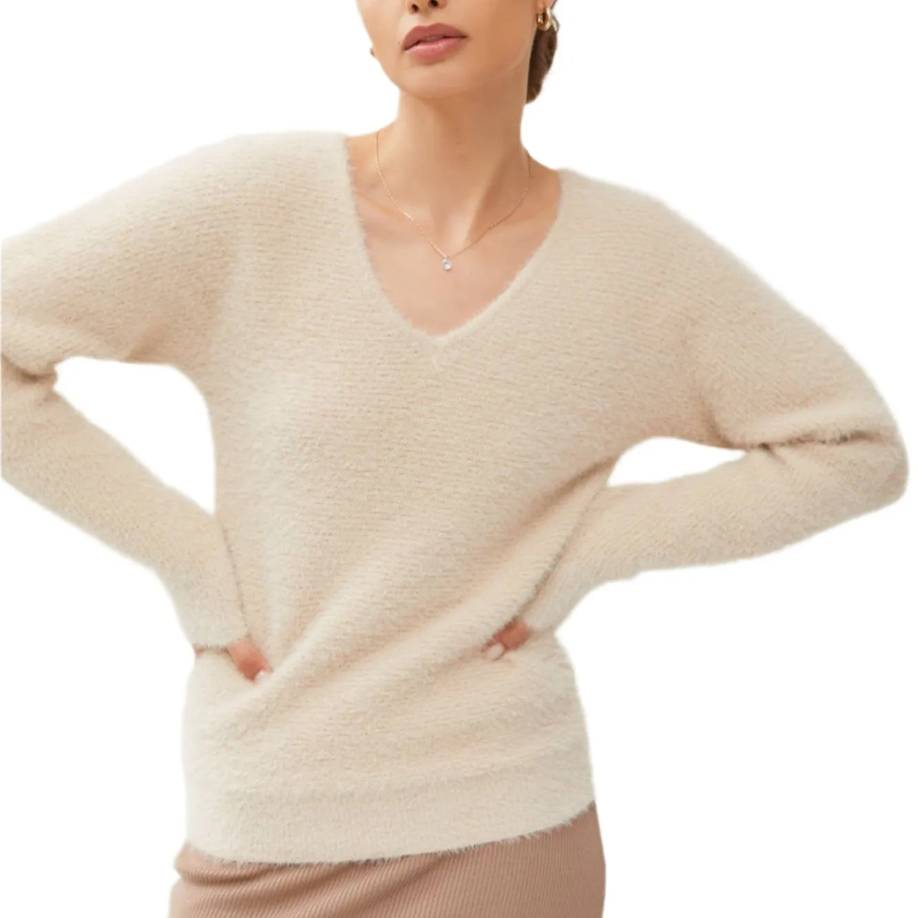 Lt Beige Fuzzy V- Neck Sweater