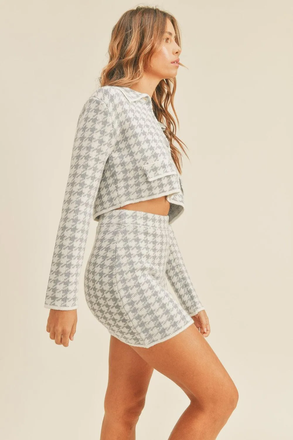 MABLE Outfit Knit Set Houndstooth Cropped Knit Cardigan and Mini Skirt Set