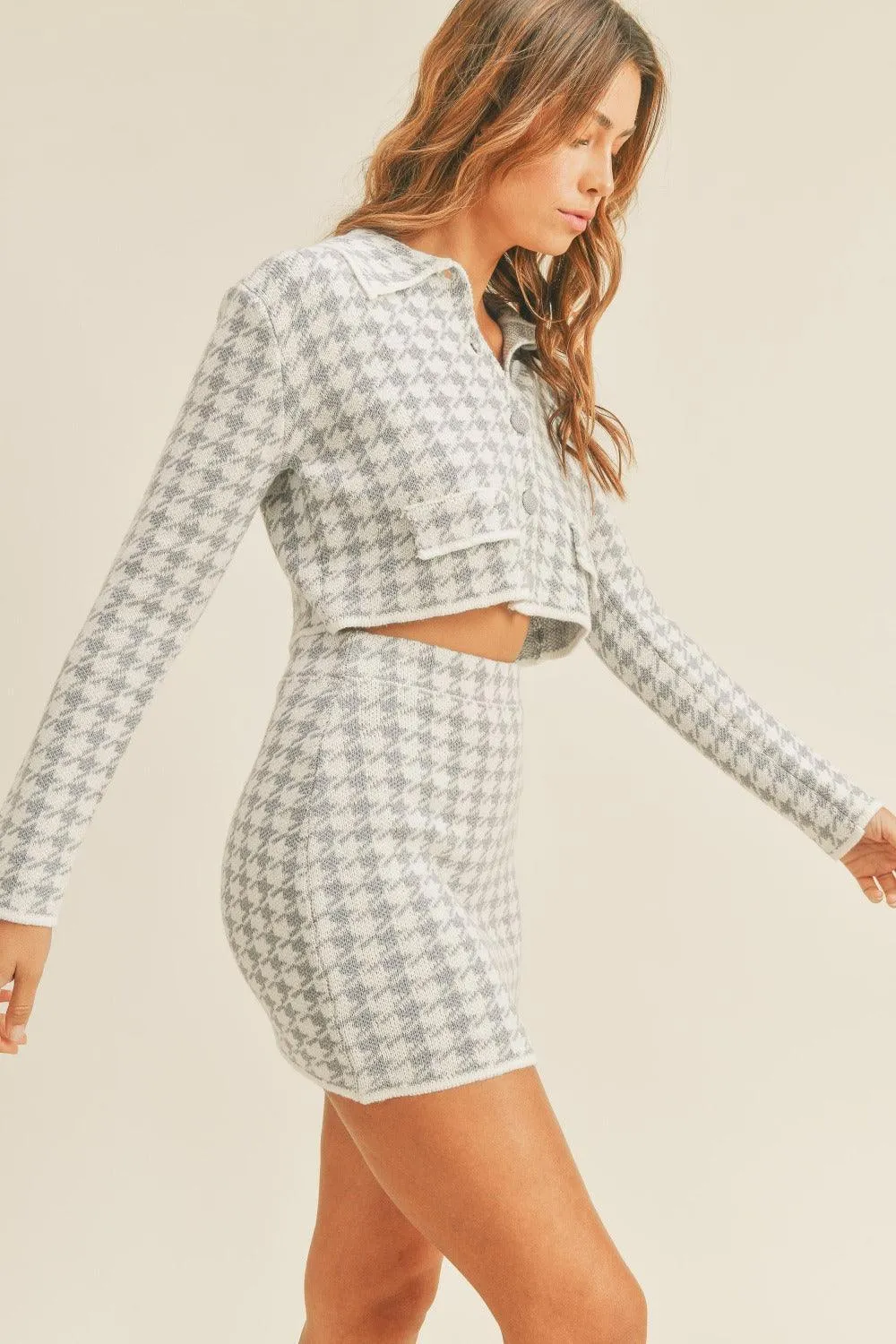 MABLE Outfit Knit Set Houndstooth Cropped Knit Cardigan and Mini Skirt Set