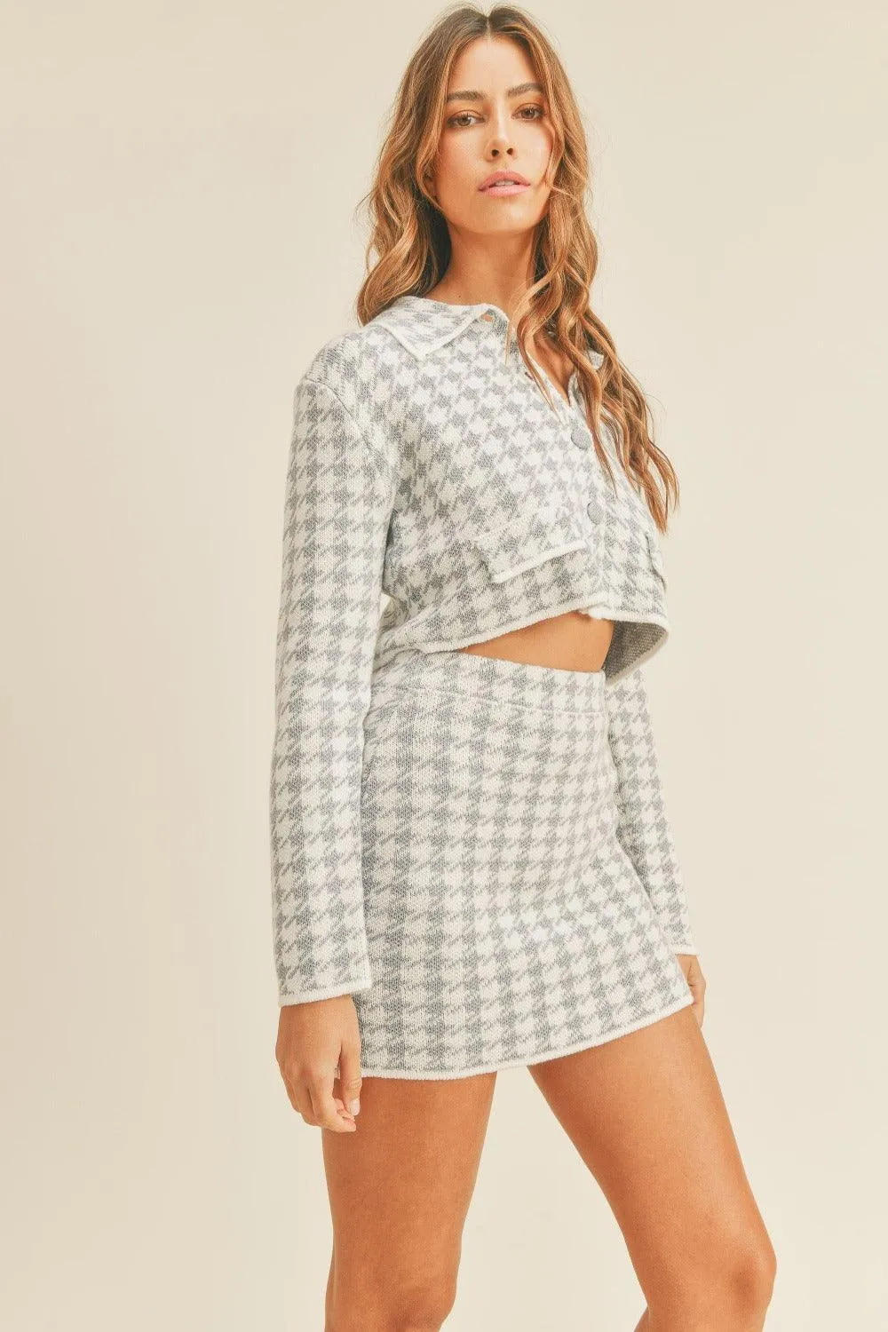 MABLE Outfit Knit Set Houndstooth Cropped Knit Cardigan and Mini Skirt Set