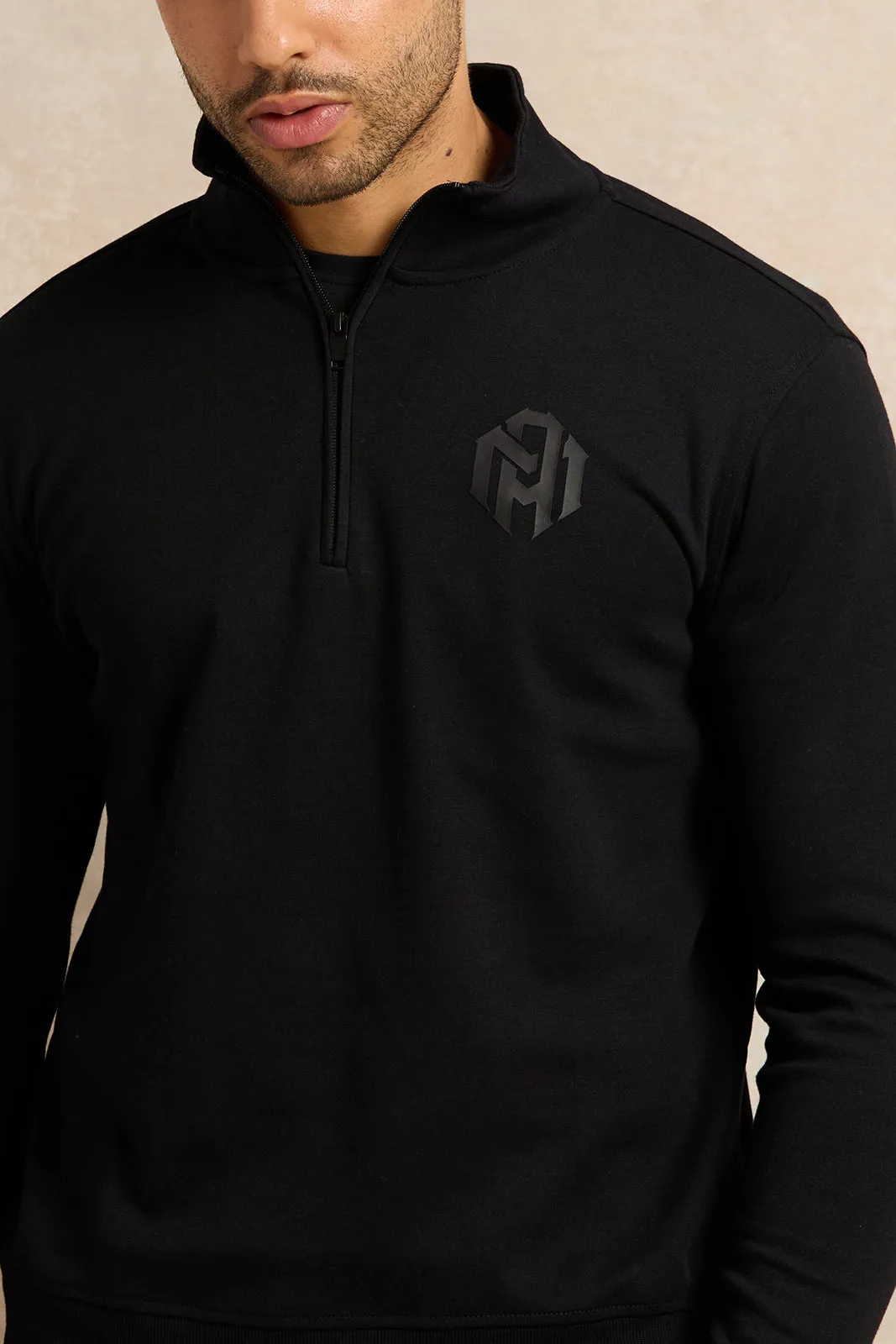 Men Black Half Zipper Pullover Sweatshirt