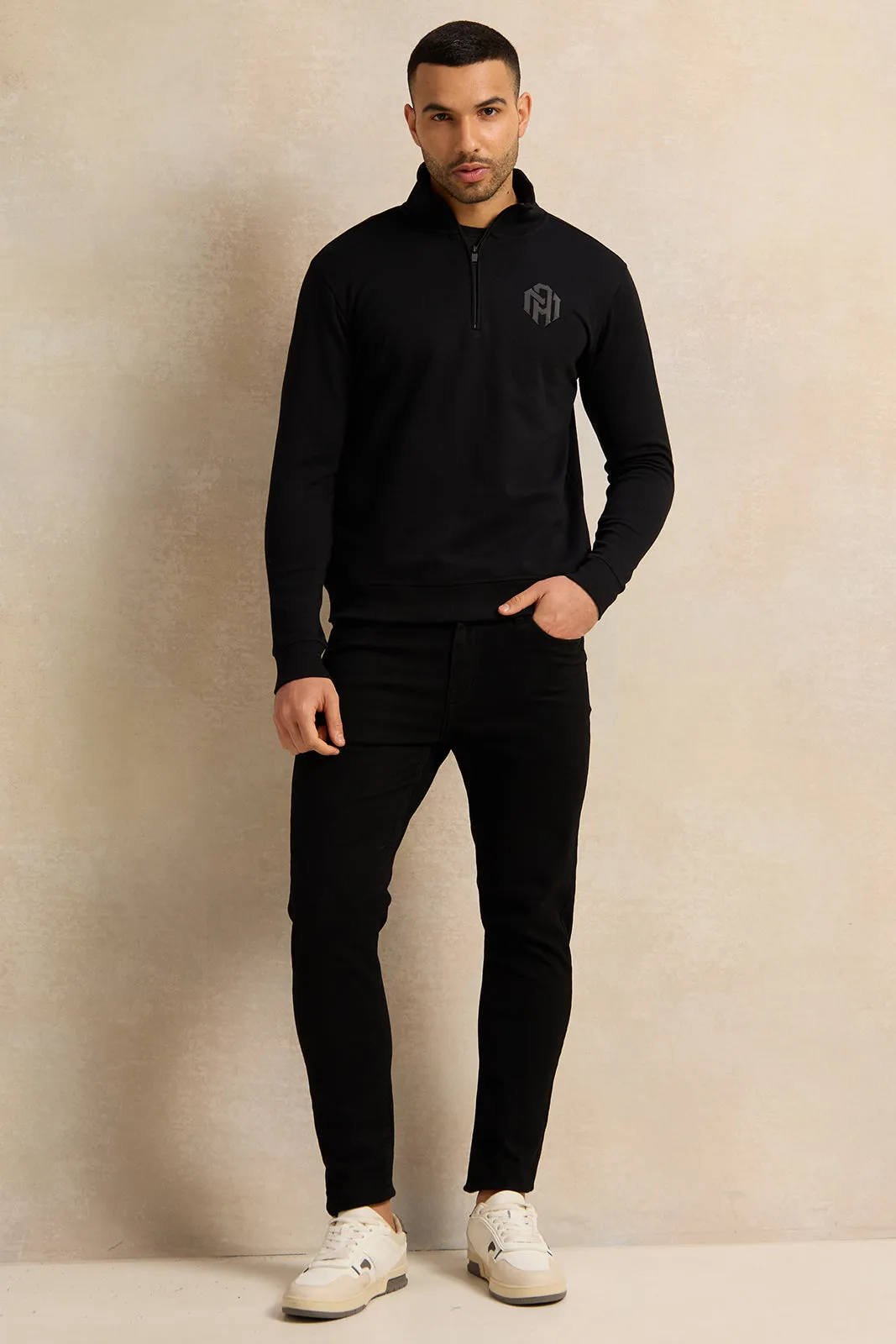 Men Black Half Zipper Pullover Sweatshirt