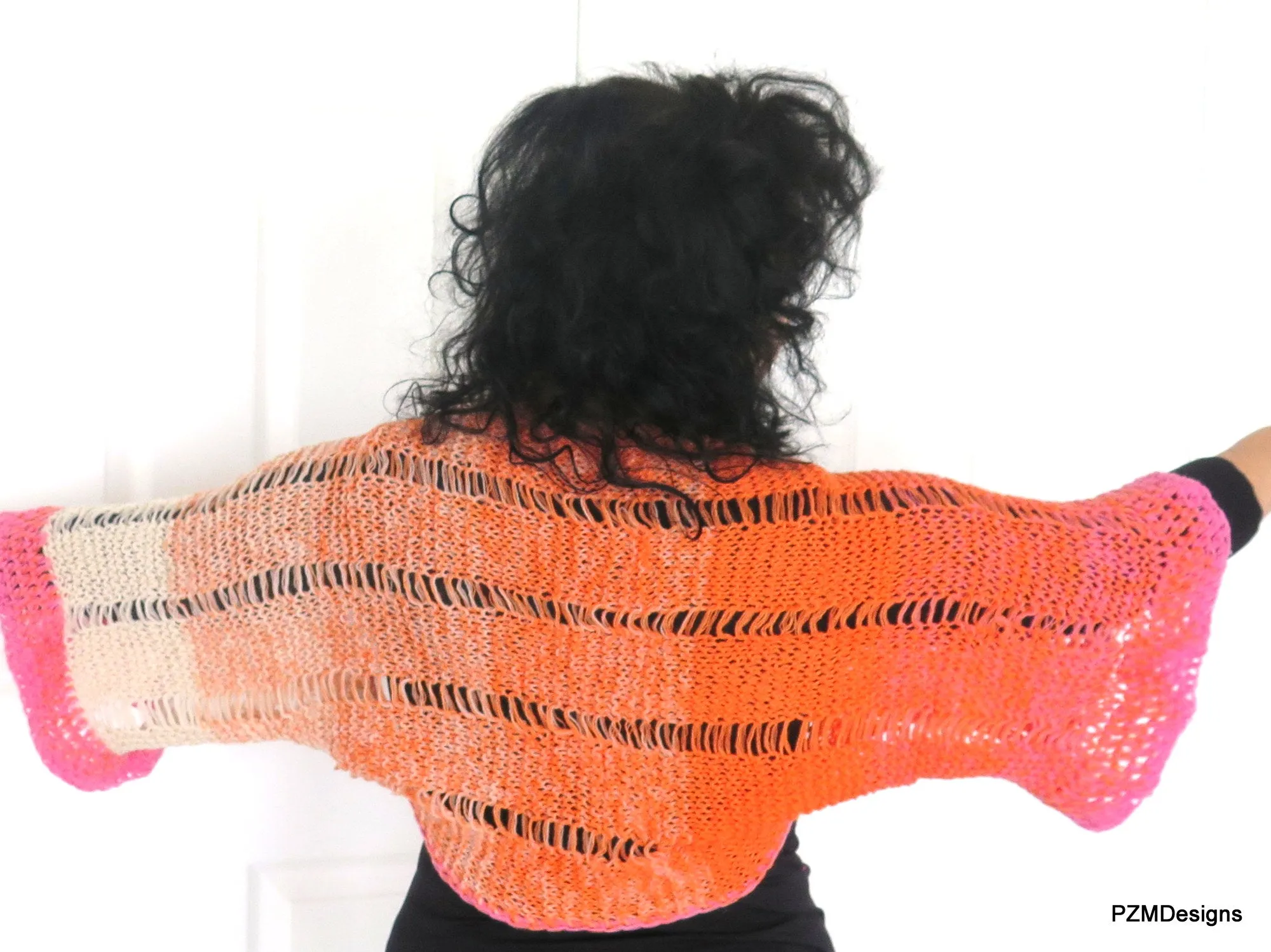 Orange and Pink Ombre Shrug, Hand Knit Boho Chic Trendy Shrug