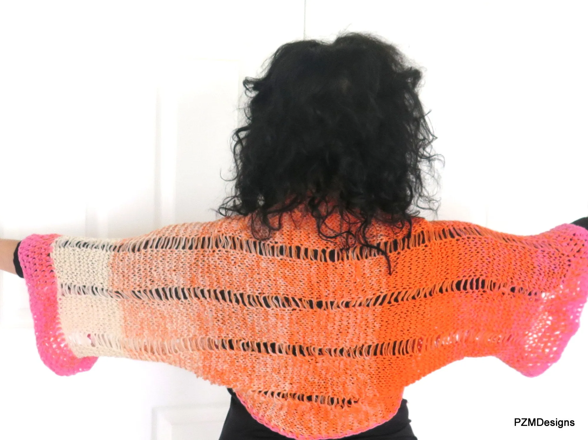 Orange and Pink Ombre Shrug, Hand Knit Boho Chic Trendy Shrug