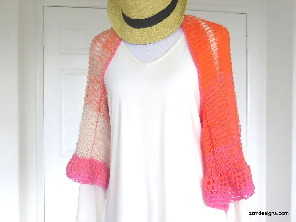 Orange and Pink Ombre Shrug, Hand Knit Boho Chic Trendy Shrug