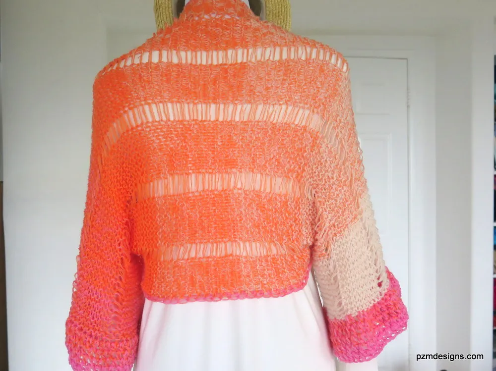 Orange and Pink Ombre Shrug, Hand Knit Boho Chic Trendy Shrug