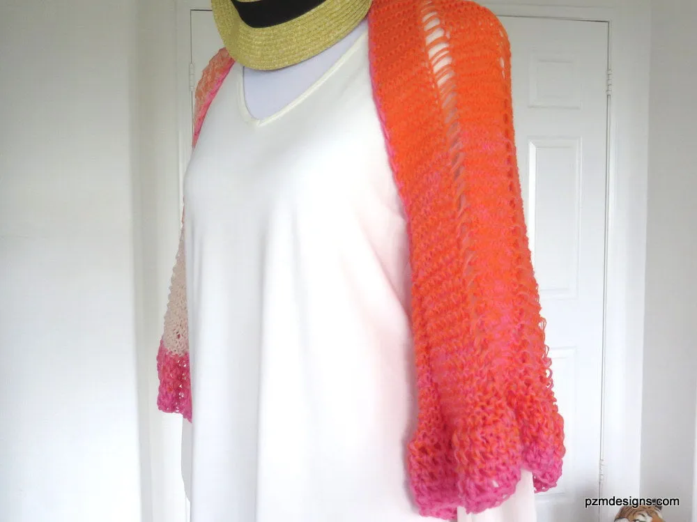 Orange and Pink Ombre Shrug, Hand Knit Boho Chic Trendy Shrug