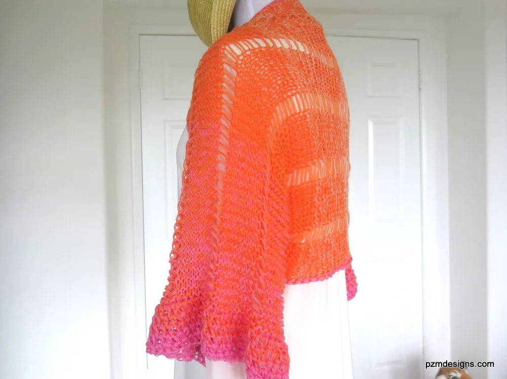 Orange and Pink Ombre Shrug, Hand Knit Boho Chic Trendy Shrug