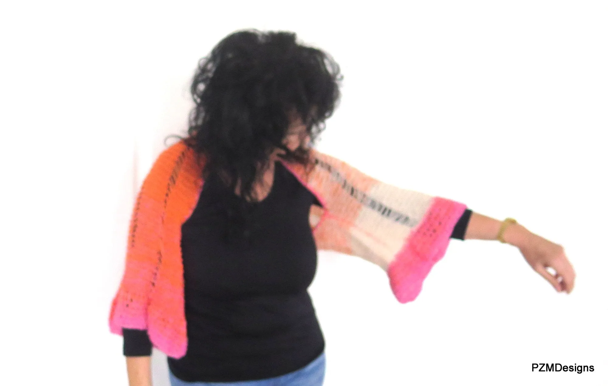 Orange and Pink Ombre Shrug, Hand Knit Boho Chic Trendy Shrug