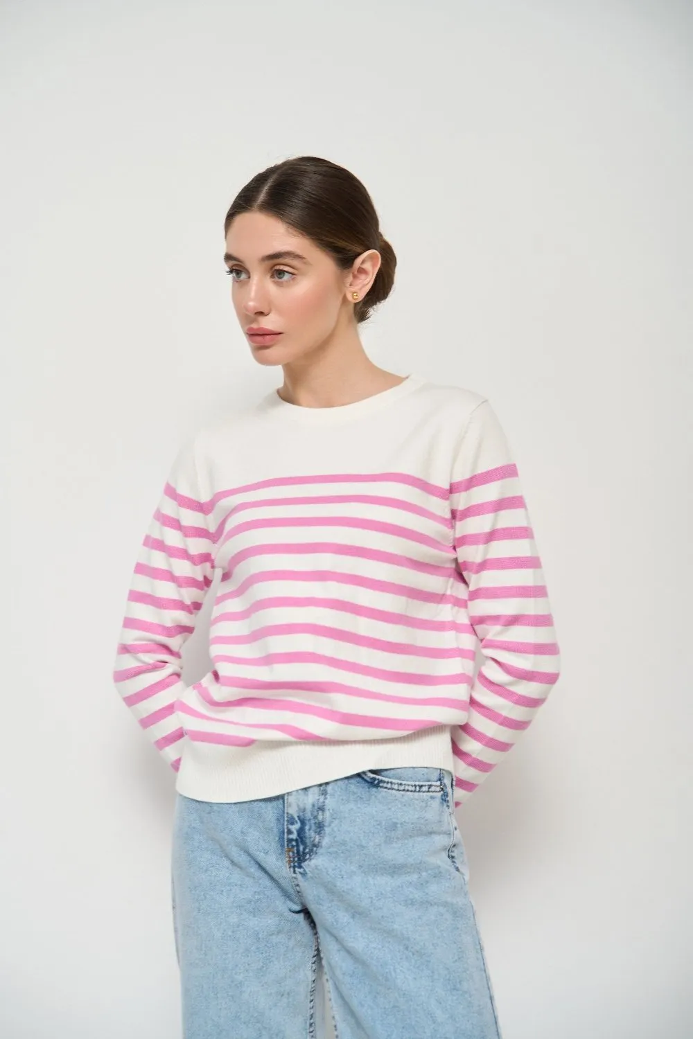 Pink Striped Knit Sweater with a Crew Neck