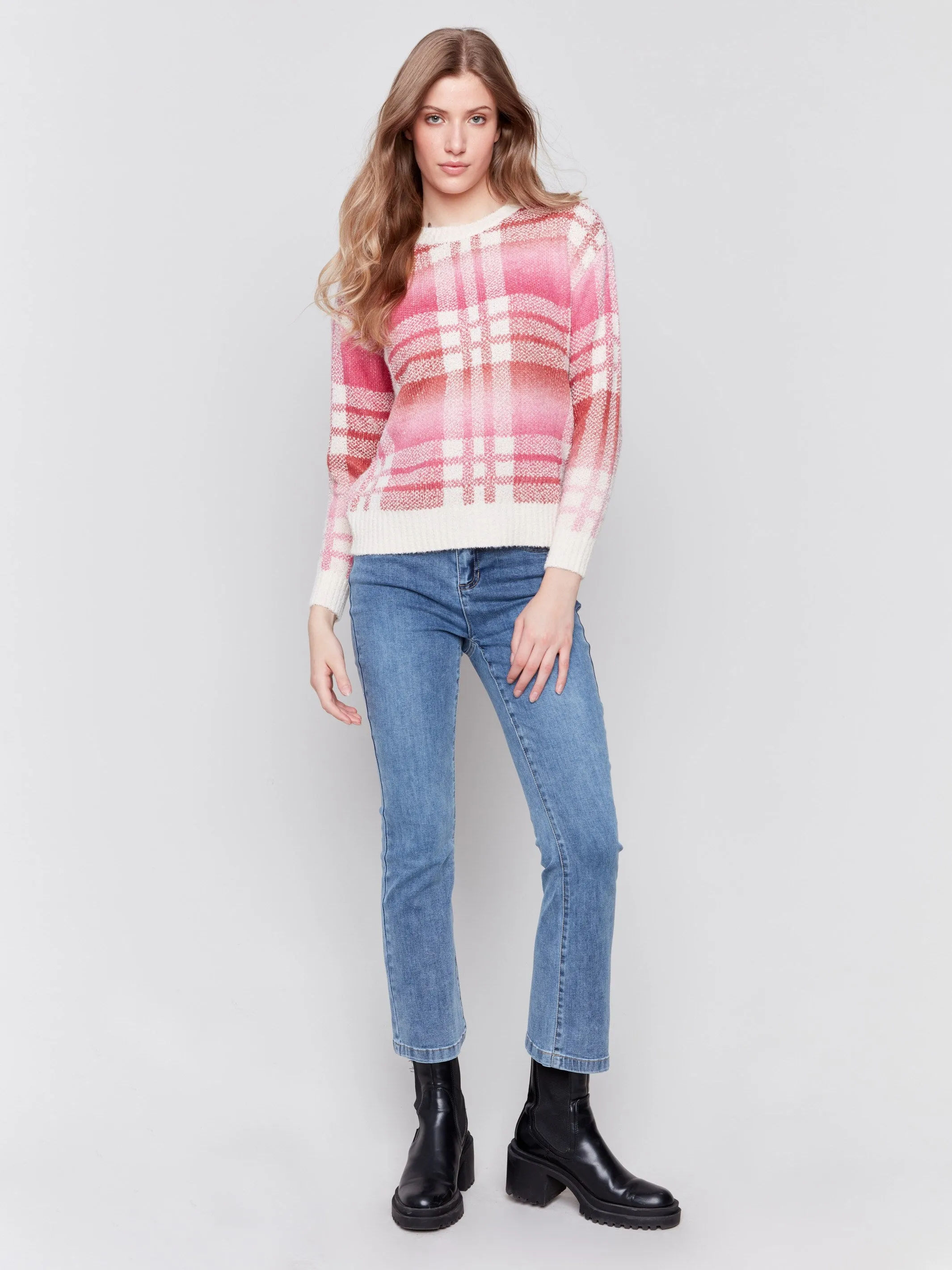 Plaid Space Dye Sweater - Magenta