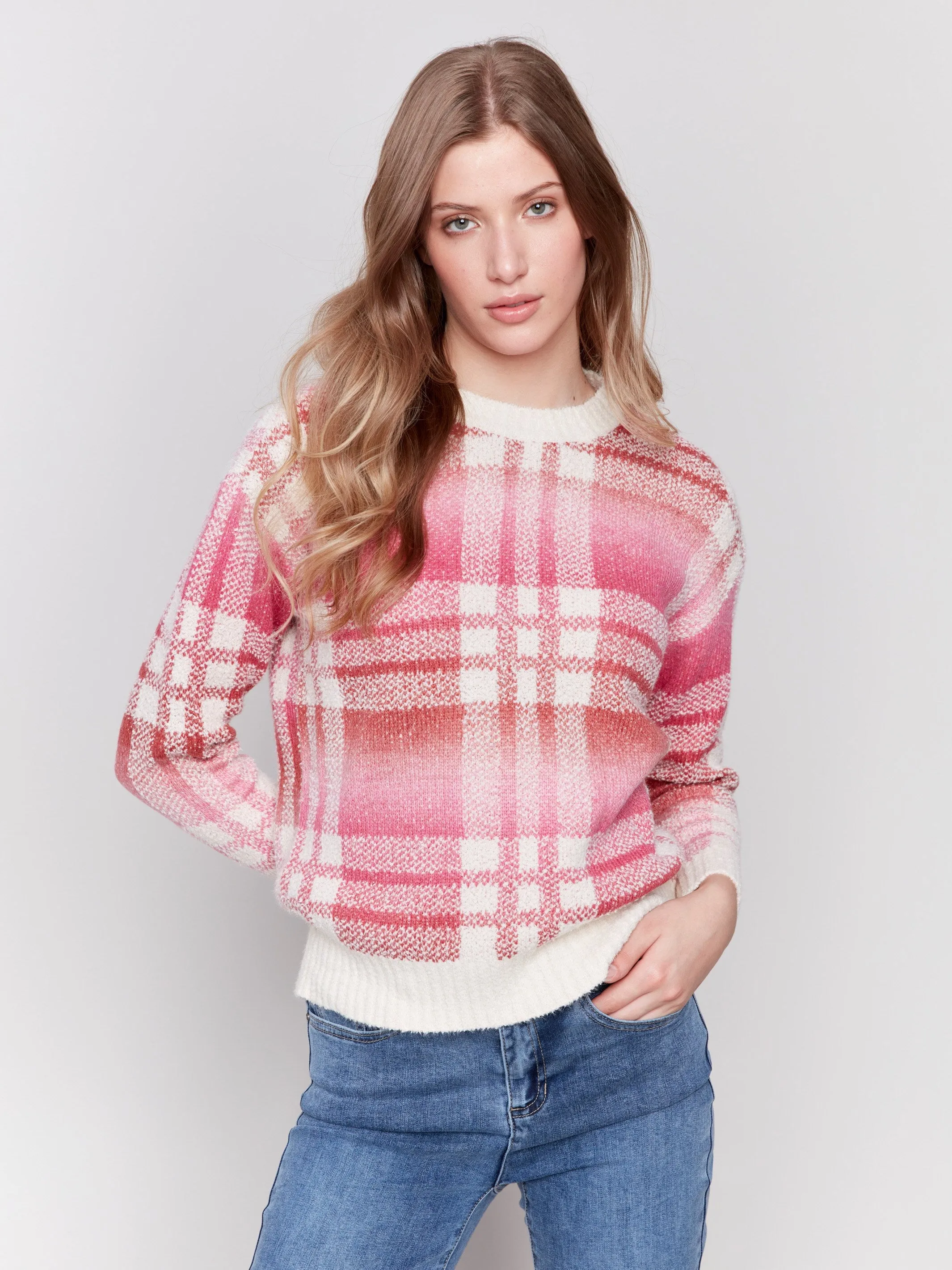 Plaid Space Dye Sweater - Magenta