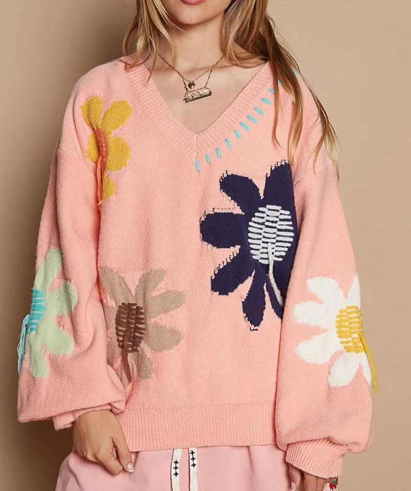 POL Pink Women Knit Sweater V-Neck Long Sleeve Flower Fringe Embroidered