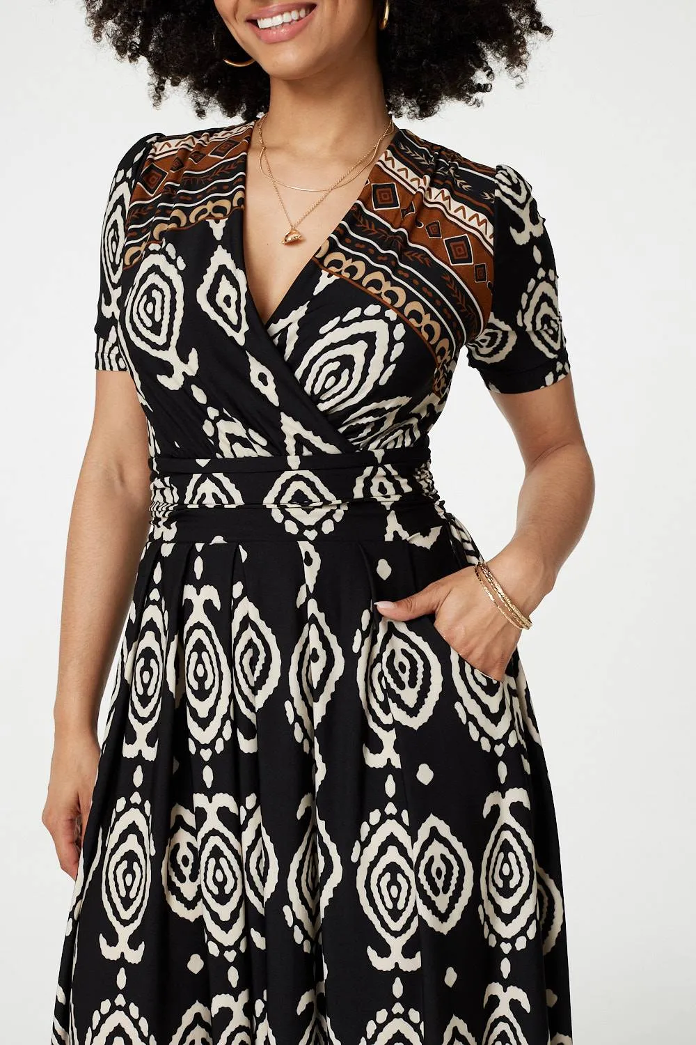 Printed 1/2 Sleeve Pleated Wrap Dress