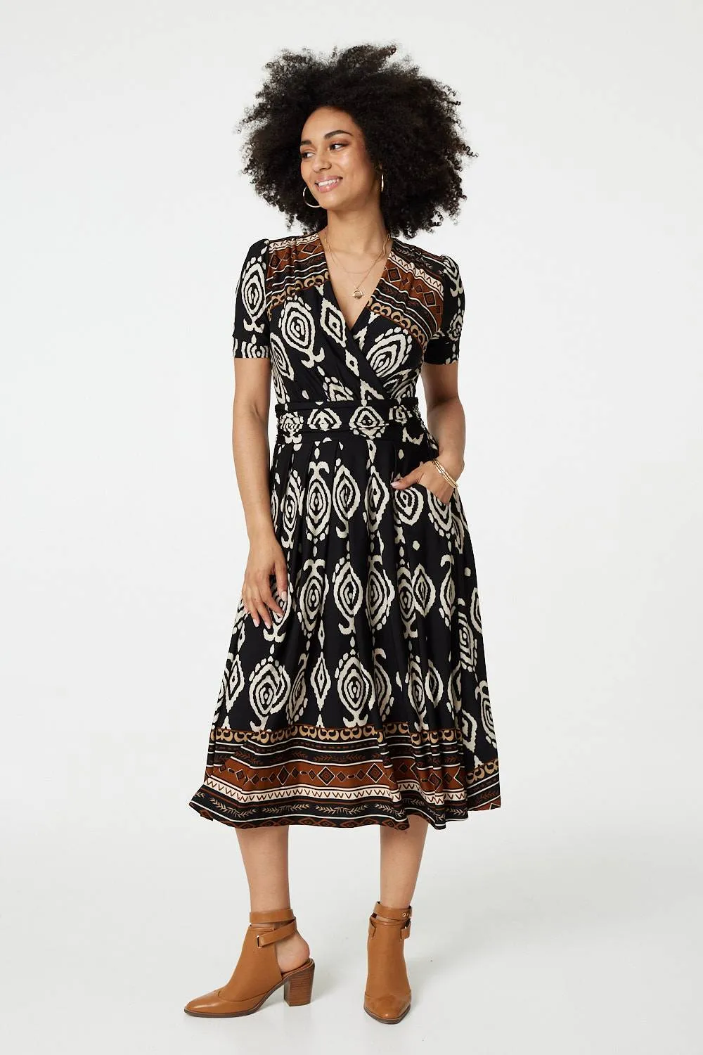 Printed 1/2 Sleeve Pleated Wrap Dress