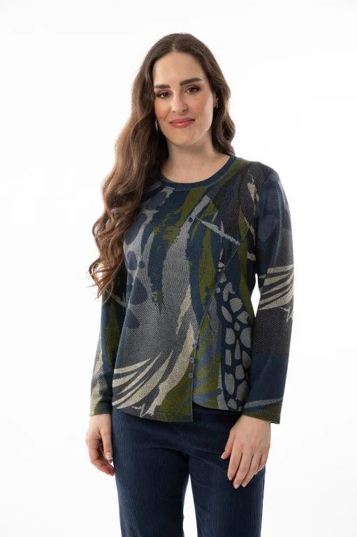 Printed Faux Wrap Sweater with Buttons