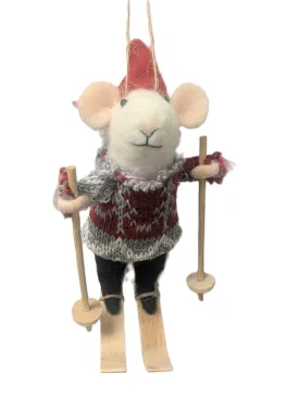 Red Sweater Felt Mouse on Skis Ornament