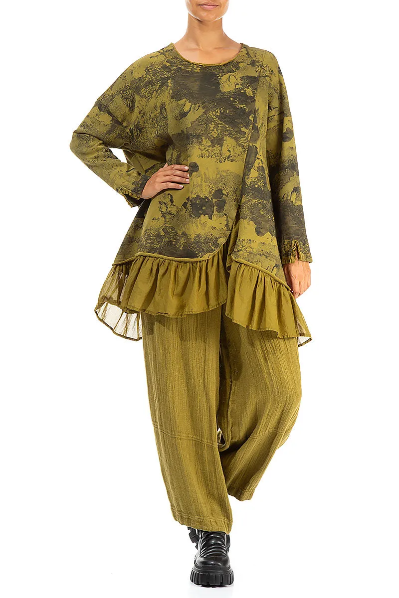 Ruffled Hem Golden Olive Marble Cotton Tunic