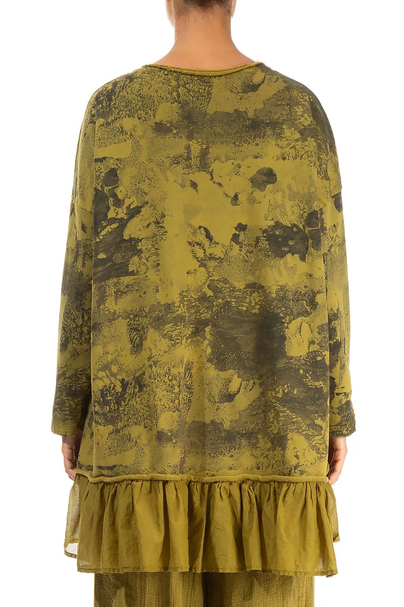 Ruffled Hem Golden Olive Marble Cotton Tunic