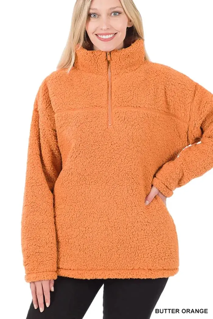 Soft Sherpa Half Zip Pullover With Pockets