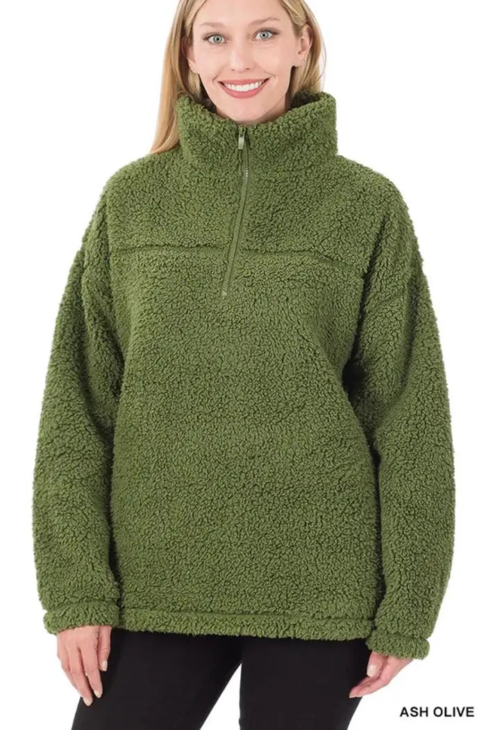 Soft Sherpa Half Zip Pullover With Pockets