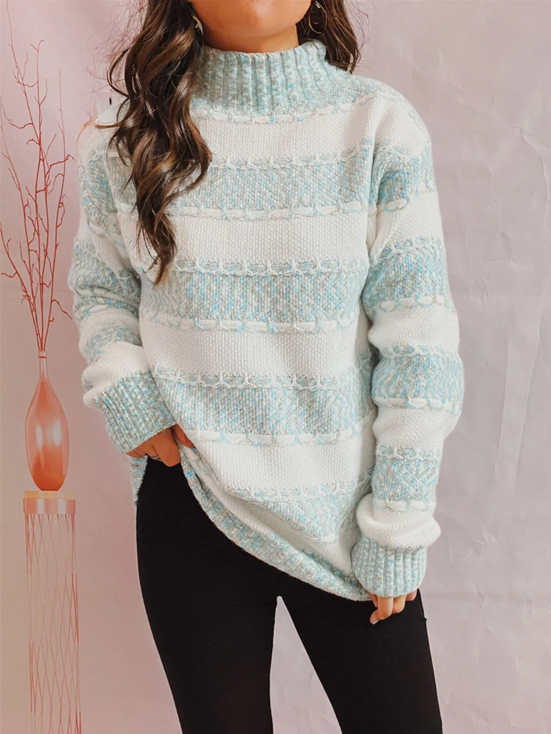 Striped Turtleneck Long Sleeve Sweater – Warm, Stylish Knit for Fall & Winter