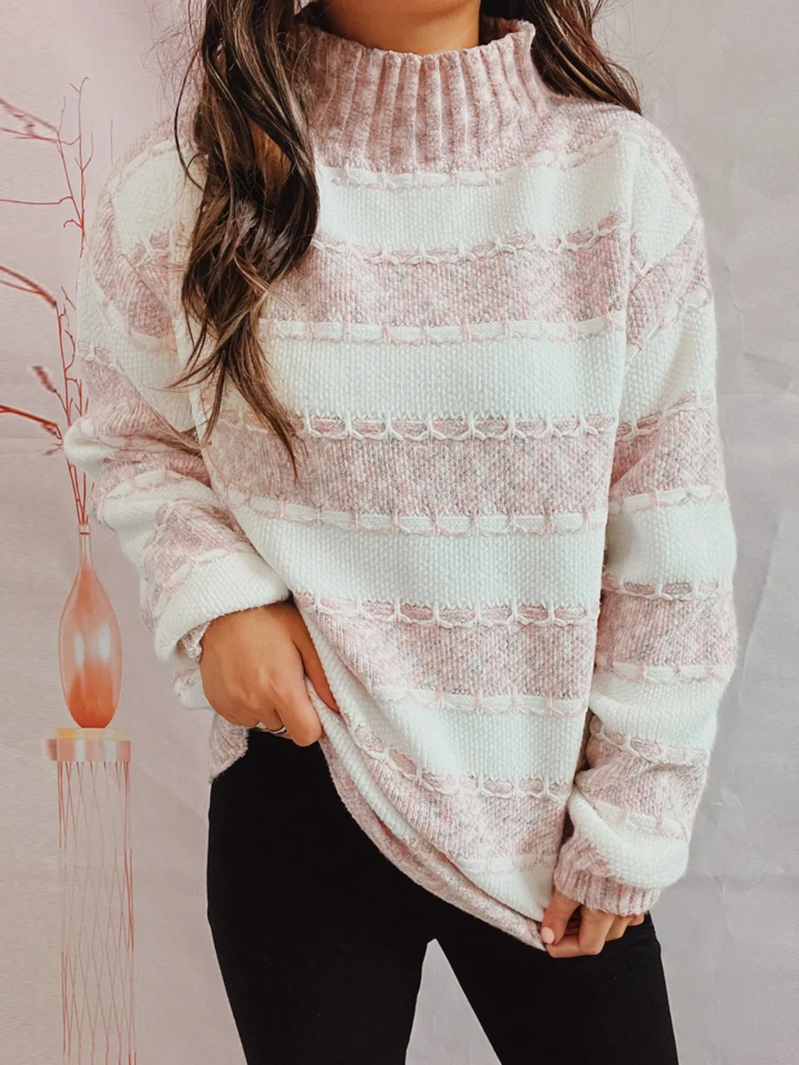 Striped Turtleneck Long Sleeve Sweater – Warm, Stylish Knit for Fall & Winter