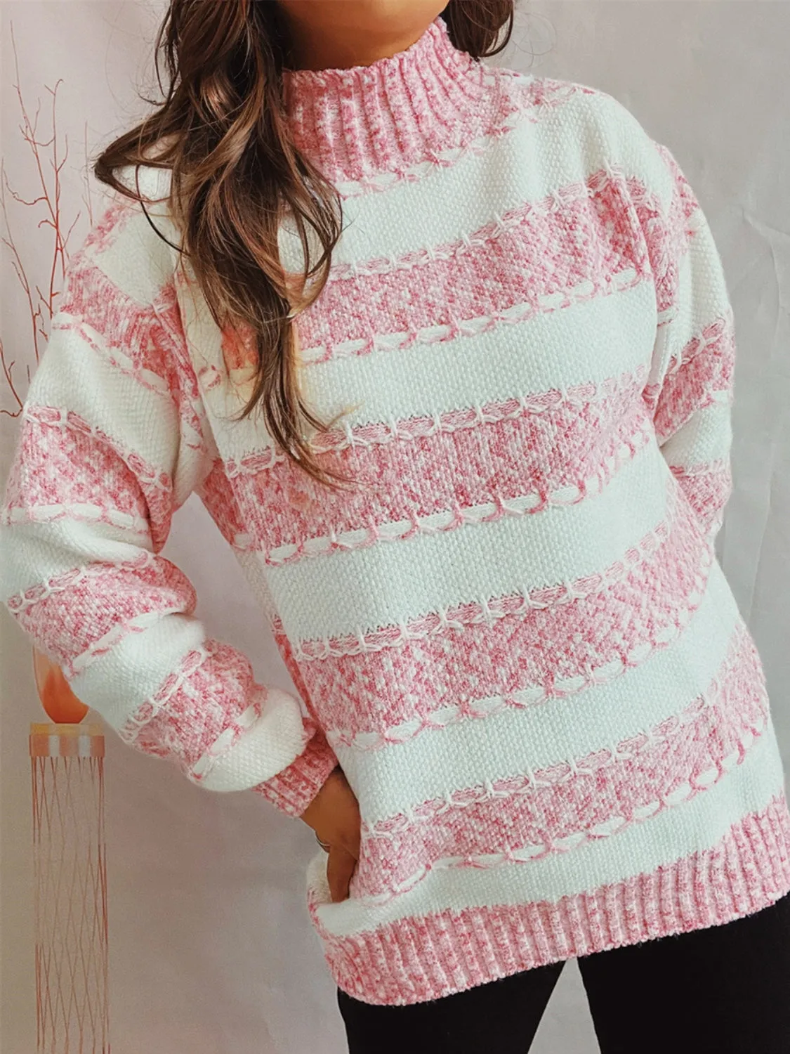 Striped Turtleneck Long Sleeve Sweater – Warm, Stylish Knit for Fall & Winter