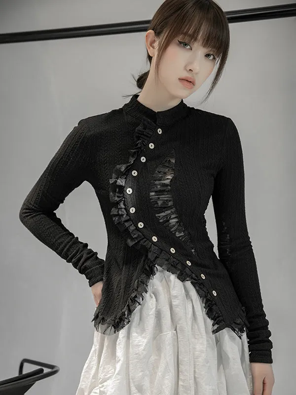 Stylish Asymmetric Buttoned Hollow Lace Stand Collar Long Sleeves Knitwear Cardigan