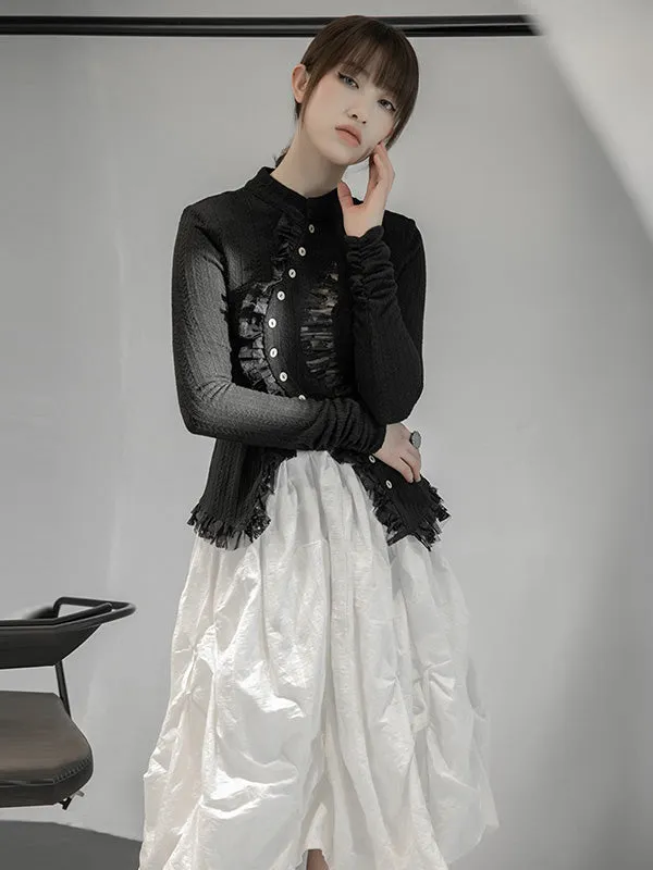 Stylish Asymmetric Buttoned Hollow Lace Stand Collar Long Sleeves Knitwear Cardigan